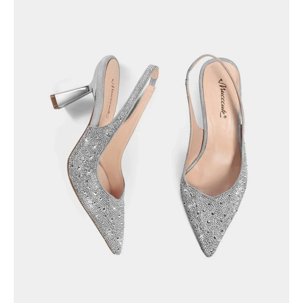 NWOT Mucccute Silver Rhinestone Slingback Pointed‎ Toe Sculptural Heel  Gala 7.5